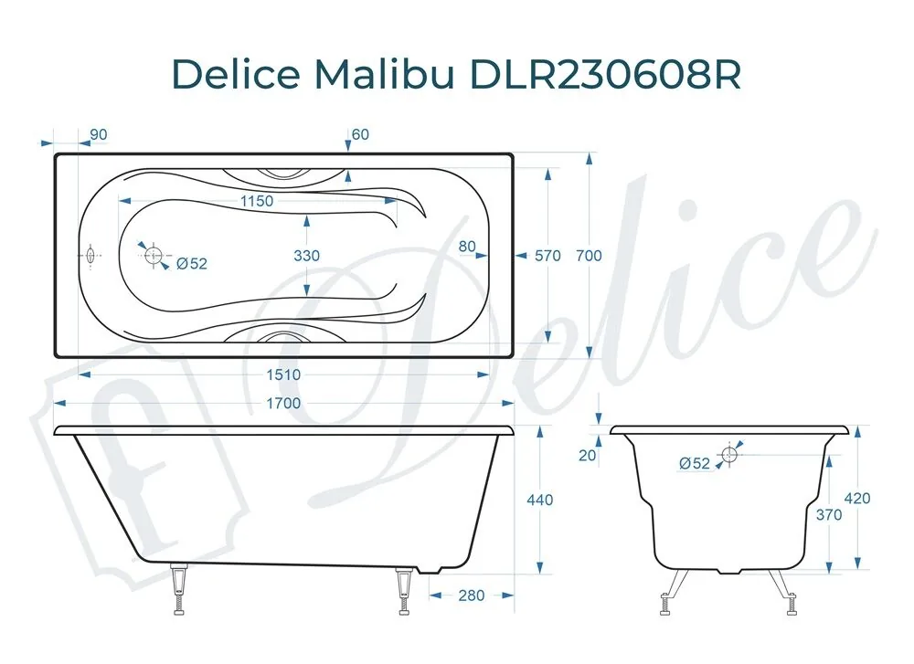 картинка Ванна чугунная Delice Malibu 170х70 с отверстиями под ручки DLR230608R 