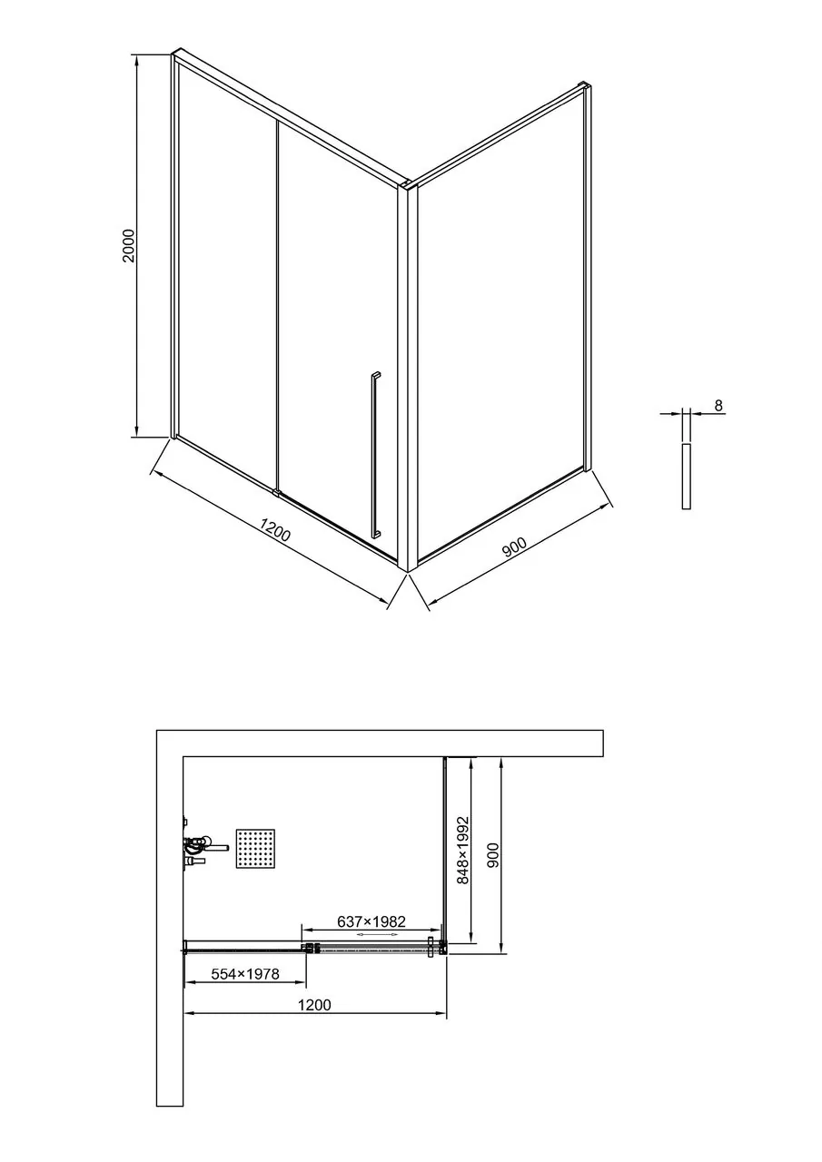 фото Душевая дверь Timo TDSS-120/17C-8L 1200х2000 профиль матовое золото + торцевое стекло TSS-900/17C-8 900х2000 