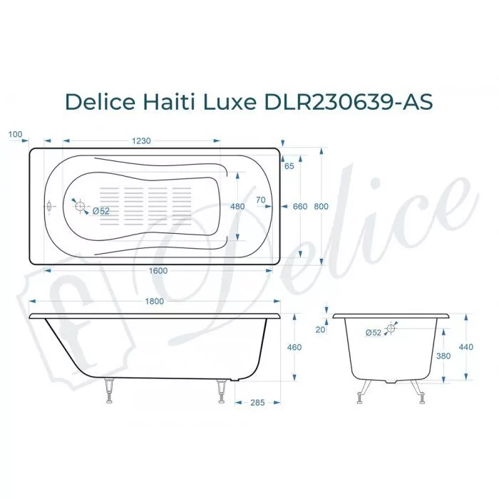 картинка Ванна чугунная Delice Haiti Luxe 180х80 с антискользящим покрытием DLR230639-AS с ножками и переливом DLR000017 