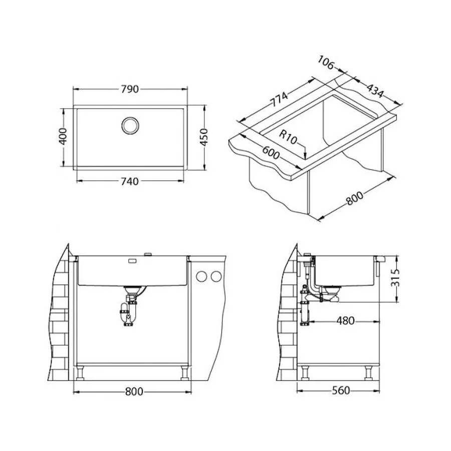 картинка Мойка Alveus QUADRIX MONARCH 60 ANTRACIT 740x400x200 в комплекте с выпуском без сифона 