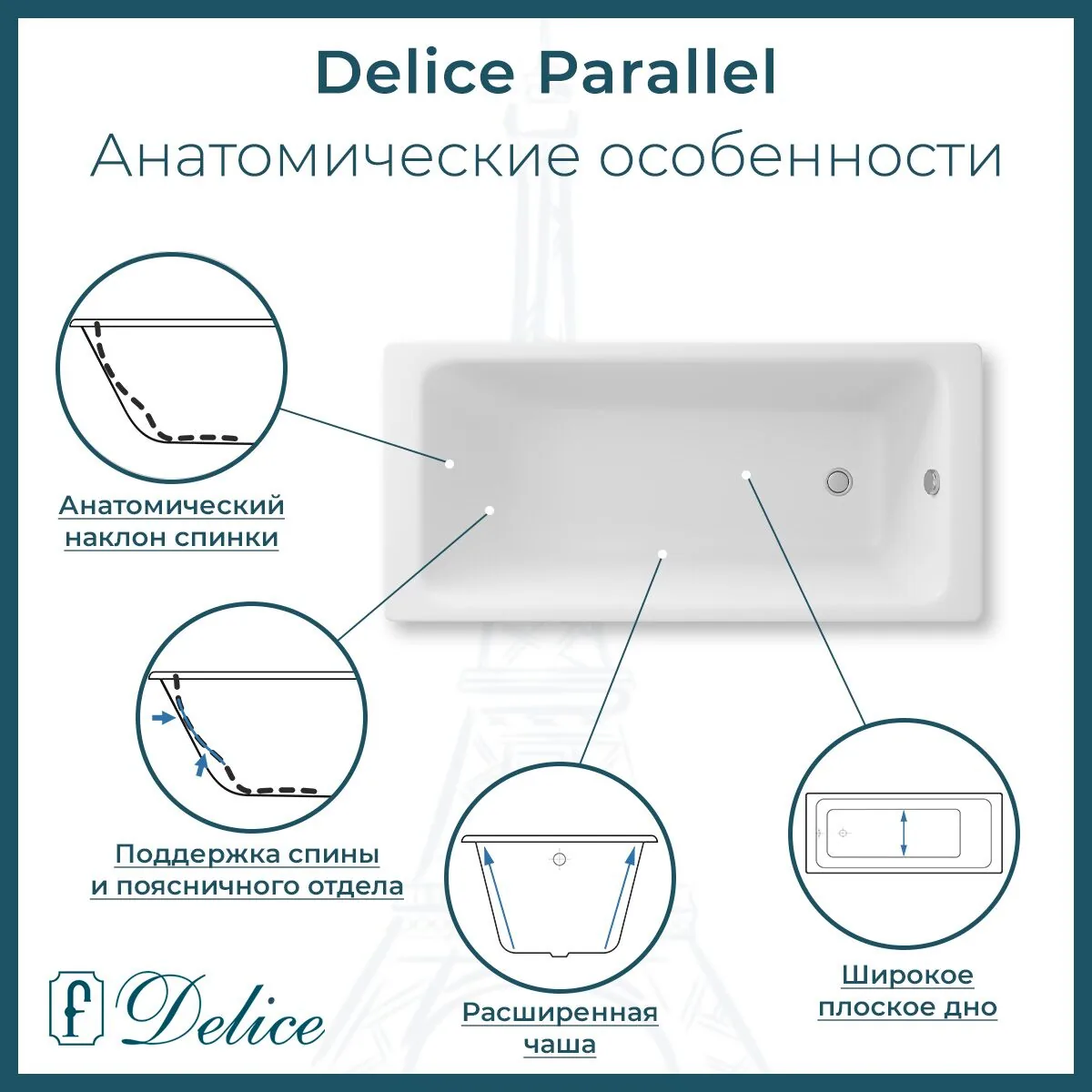 картинка Ванна чугунная Delice Parallel 150х70 с антискользящим покрытием DLR220503-AS 