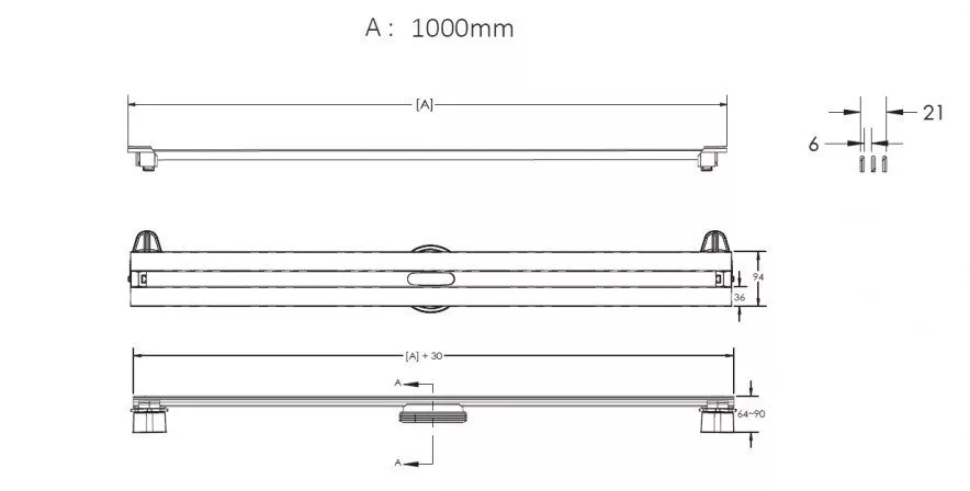 картинка Желоб водосток BERGES SUPER Slim 1000, матовый хром, боковой выпуск S-сифон D50 H60 