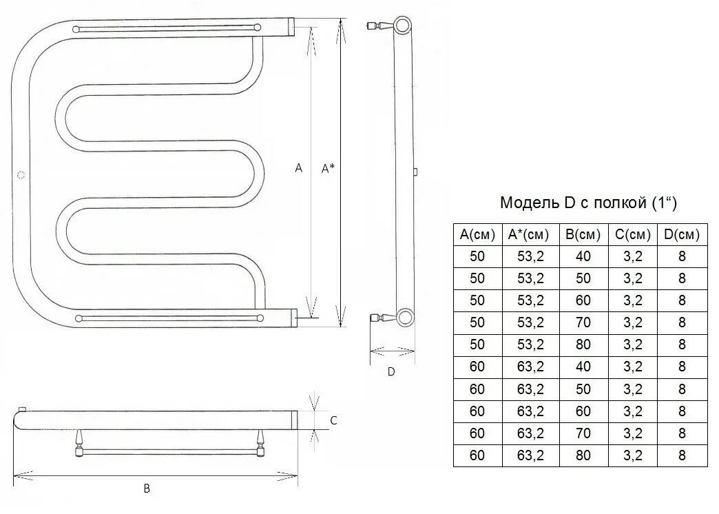 картинка Полотенцесушитель Двин D 60/60 1"-1/2" С полкой Водяной К0, Полированный (4627086011797) 