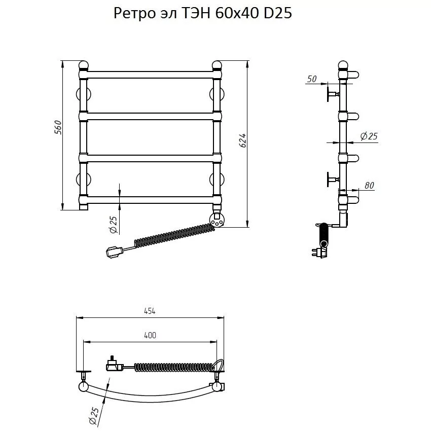 картинка Полотенцесушитель Тругор Ретро эл ТЭН 60*40 (ЛЦ33 нов) D25 (Ретро/элТЭН6040 D25) 
