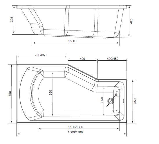 картинка Ванна Marka One Convey 150x75 L с ножками и слив-переливом 