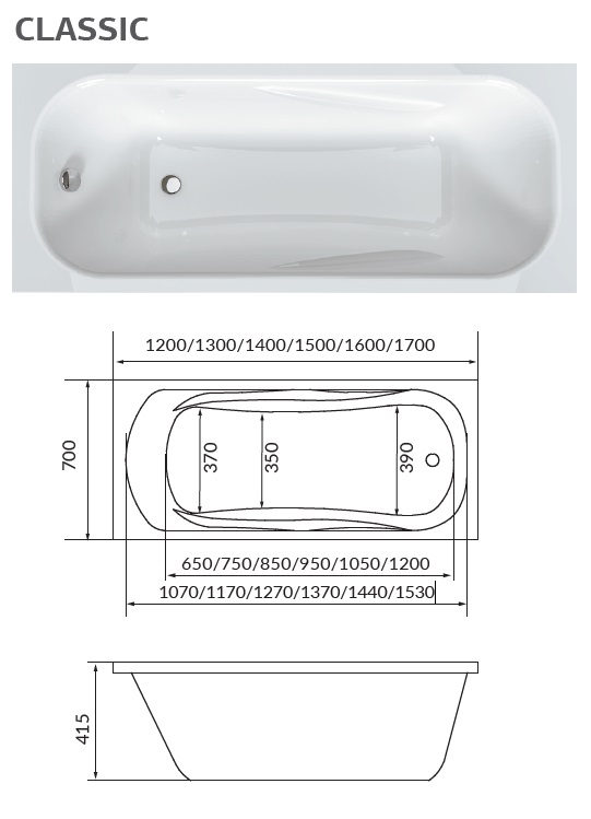 картинка Ванна 1Marka CLASSIC 130х70 А с каркасом 