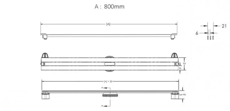 картинка Желоб водосток BERGES SUPER Slim 800, матовый хром, вертикальный выпуск S-сифон D50/105мм H30/80мм 