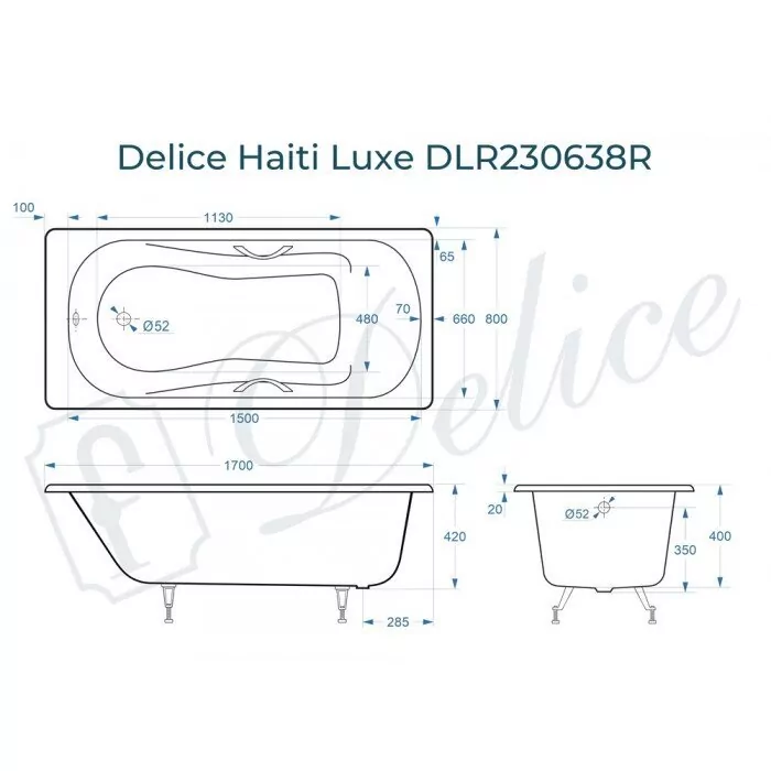 картинка Ванна чугунная Delice Haiti Luxe 170х80 с отверстиями под ручки DLR230638R с ножками и переливом DLR000017 