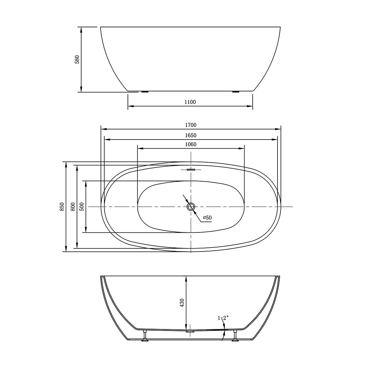 картинка Акриловая ванна Vincea VBT-404-1700, 170х85х58, цвет белый, слив-перелив в комплекте, хром 