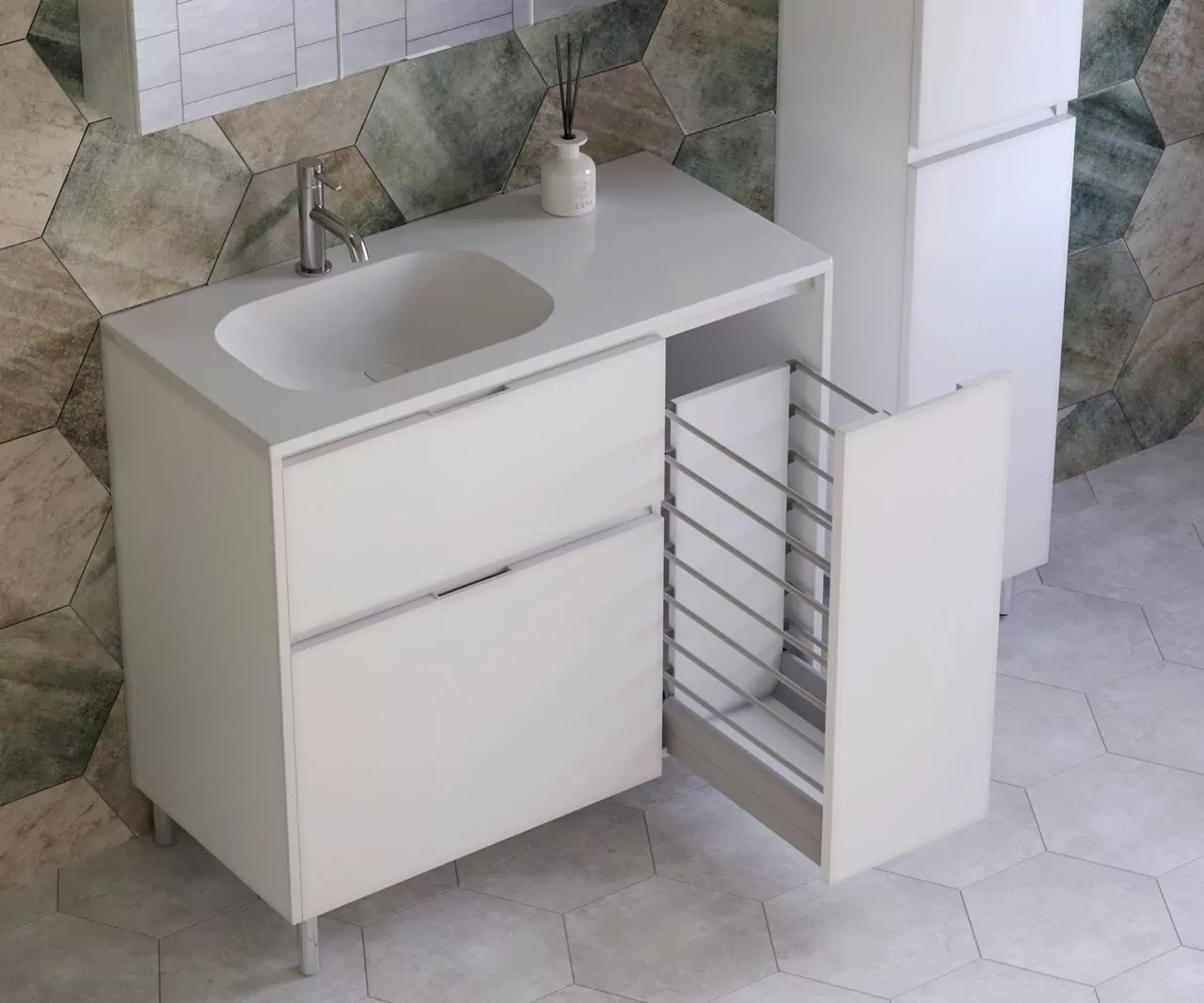 фото Тумба напольная Style Line Барселона 90 левая 2 ящика с выкатной корзиной Люкс белая Plus 