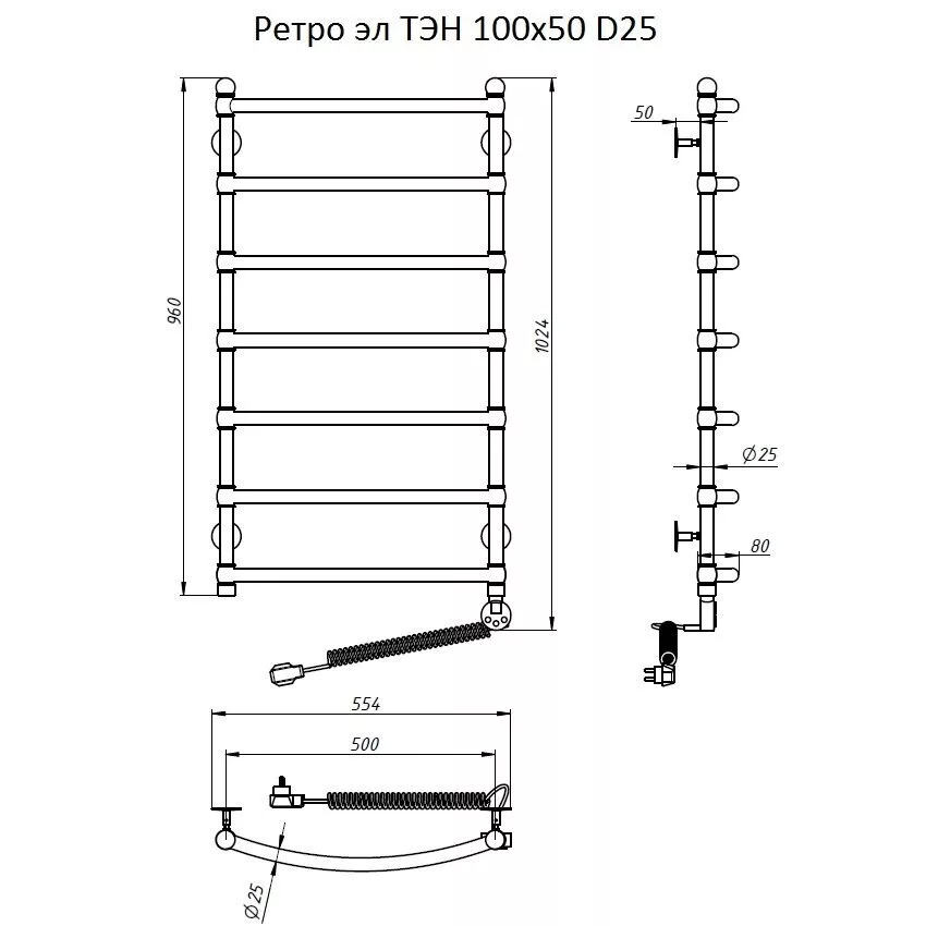 картинка Полотенцесушитель Тругор Ретро эл ТЭН 100*50 (ЛЦ33 нов) D25 (Ретро/элТЭН10050 D25) 