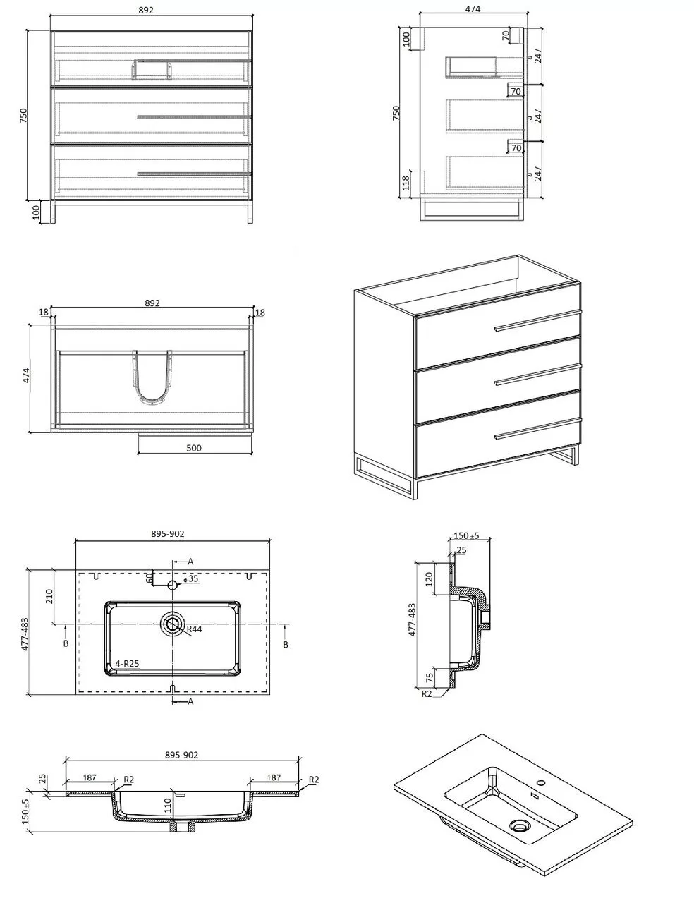 фото Тумба PARLY Spa Bella-T90 напольная с раковиной 900x480x775 