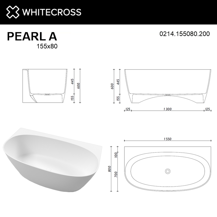 картинка Ванна WHITECROSS Pearl A 155x80 белый мат иск. камень 