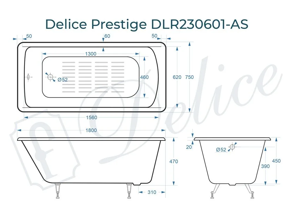 картинка Ванна чугунная Delice Prestige 180х75 с антискользящим покрытием DLR230601-AS 