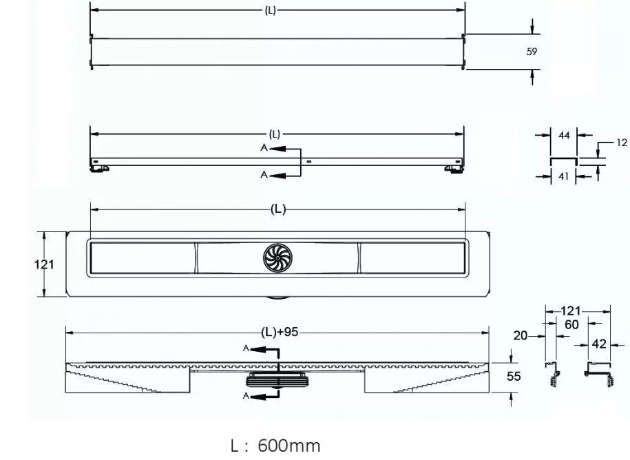 картинка Желоб водосток BERGES C1 Brise 600, матовый хром, вертикальный выпуск S-сифон D50/105мм H30/80мм 