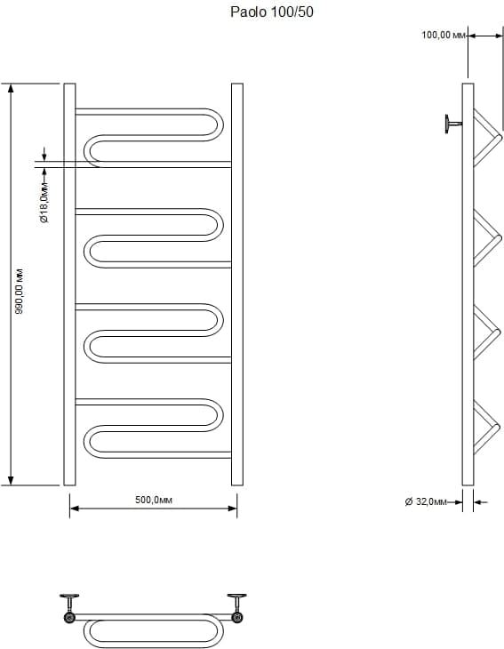 картинка Полотенцесушитель водяной Aquanet Paolo 1000x500, хром 