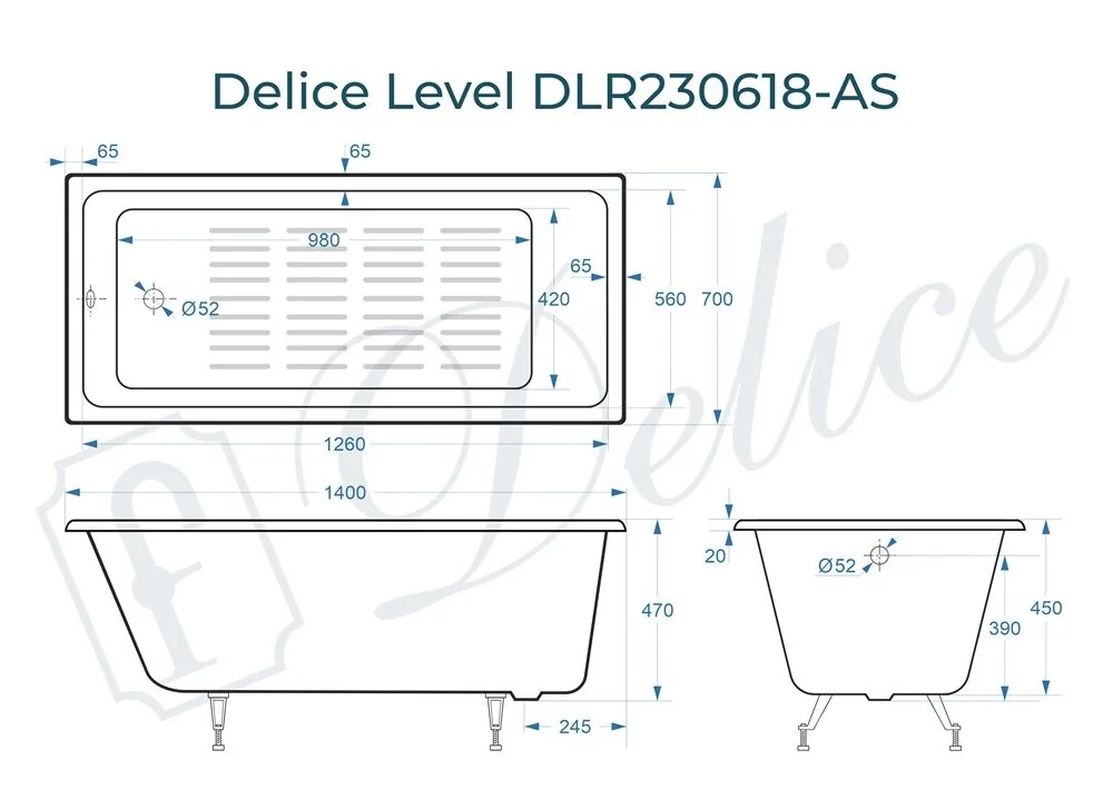 картинка Ванна чугунная Delice Level 140х70 с антискользящим покрытием DLR230618-AS 