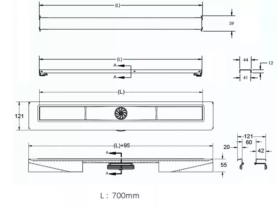 картинка Желоб водосток BERGES C1 Brise 700, матовый хром, вертикальный выпуск S-сифон D50/105мм H30/80мм 