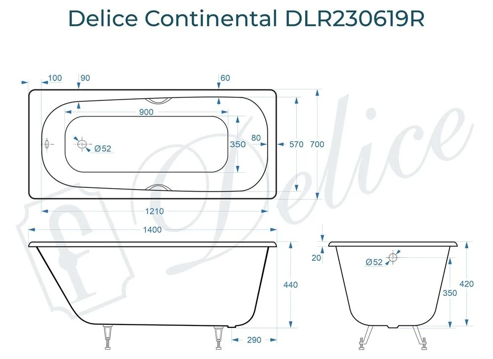 картинка Ванна чугунная Delice Continental 140х70 с отверстиями под ручки DLR230619R 