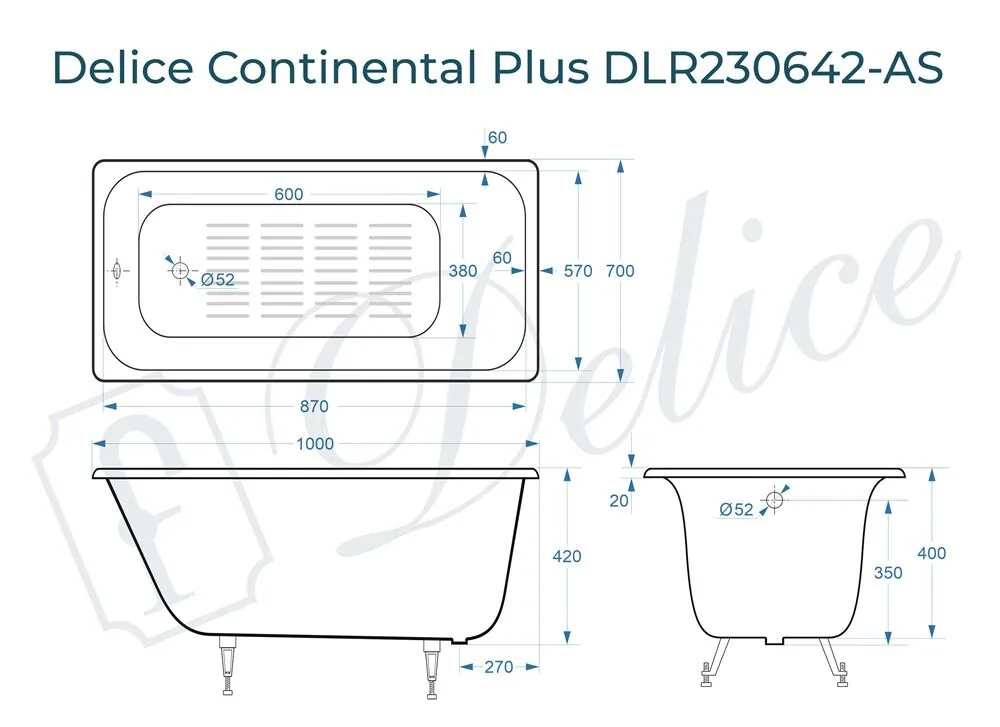картинка Ванна чугунная Delice Continental PLUS 100х70 с антискользящим покрытием DLR230642-AS 