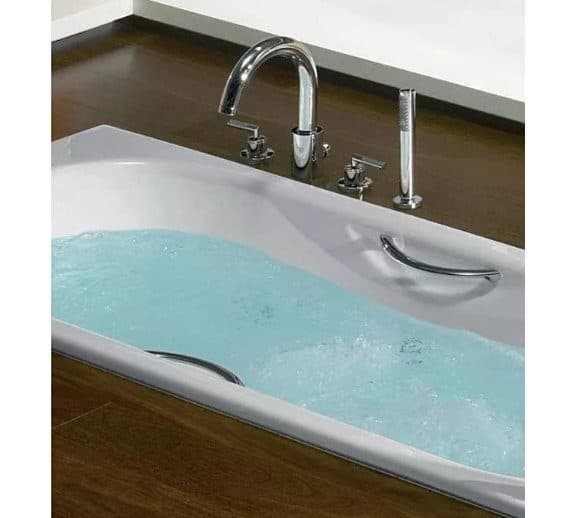 картинка Чугунная ванна Roca Malibu 23107000R 160x75 см с ручками 526803010 хром и ножками 150412330 