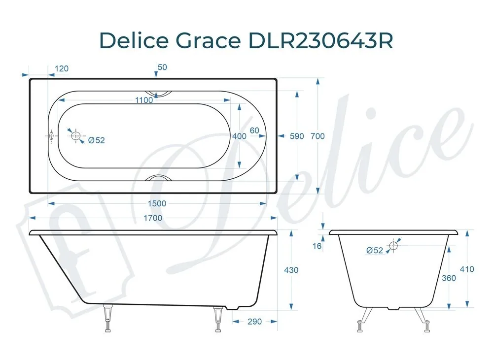 картинка Ванна чугунная Delice Grace 170х70 с отверстиями под ручки DLR230643R 