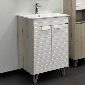 фото Тумба с раковиной Comforty Клеон 60Н белый/дуб дымчатый, с раковиной 9060M 