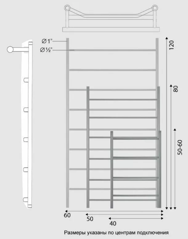 картинка Полотенцесушитель Двин FTE 50/40 Водяной полн.высота 60 см. /1"-1/2" К2 выход 1" справа Состаренная бронза (4627169562093) 