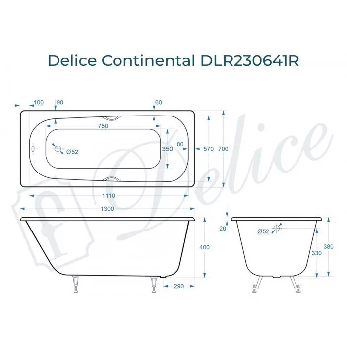 картинка Ванна чугунная Delice Continental 130х70 с отверстиями под ручки DLR230641R с ножками и переливом DLR000017 