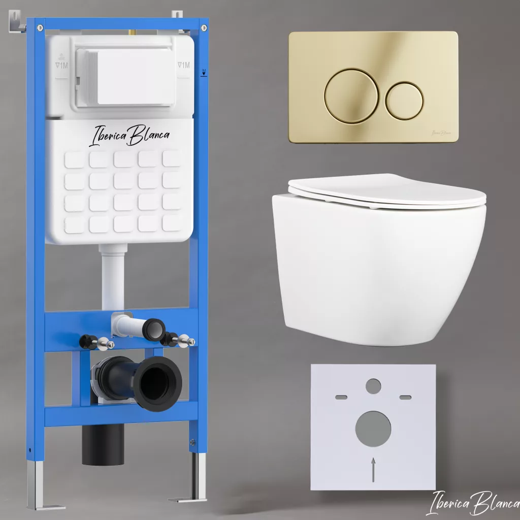 картинка Комплект 3 в 1 IBERICA BLANCA инсталляция с унитазом BILBAO ALTO IB.BLA.234.1B1 клавишей шампань-золото глянцевый INOX-O IB.B081.006.002 