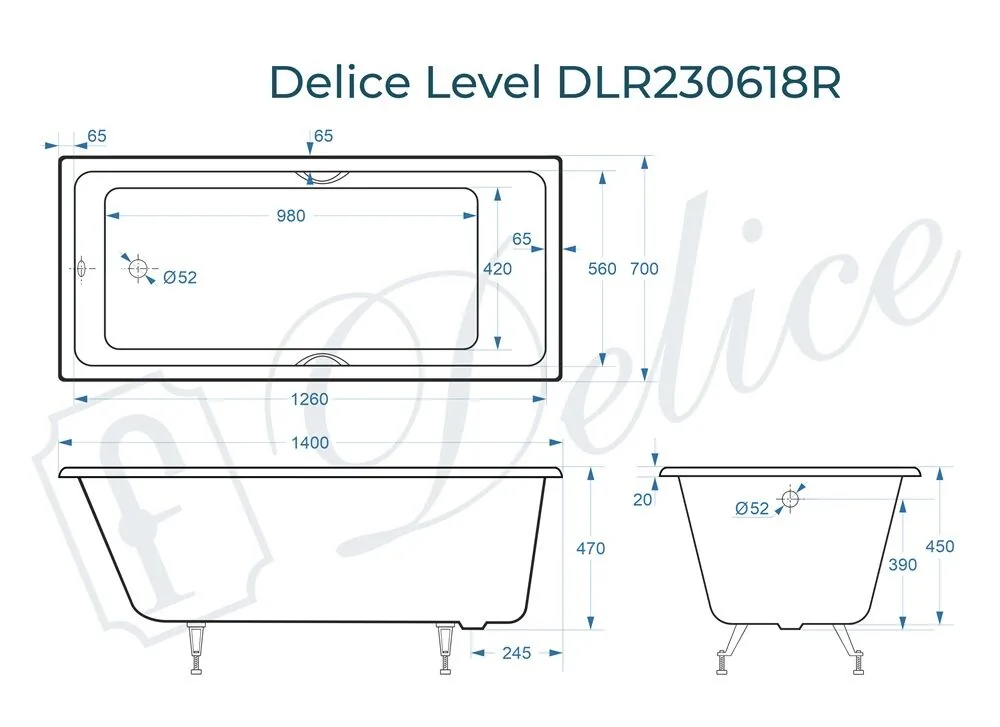 картинка Ванна чугунная Delice Level 140х70 с отверстиями под ручки DLR230618R 
