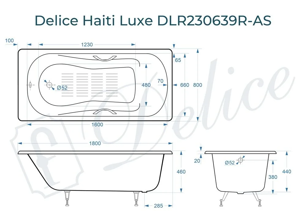 картинка Ванна чугунная Delice Haiti Luxe 180х80 с отверстиями под ручки и антискользящим покрытием DLR230639R-AS 