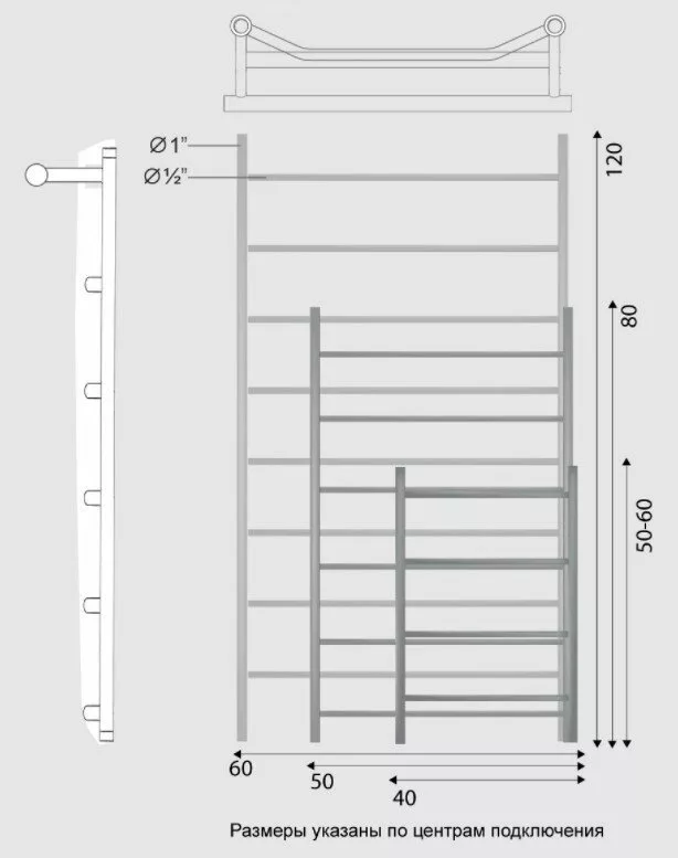 картинка Полотенцесушитель Двин FTE 50/40 Водяной полн.высота 60 см. / 1"-1/2" К2 выход 1" справа Черный матовый (4627169562147) 