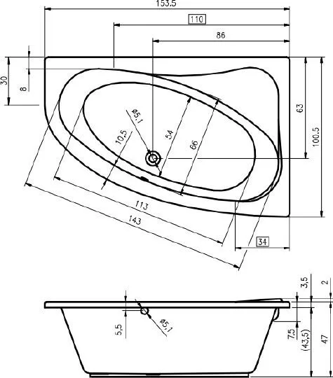 картинка Акриловая ванна Riho Aryl 153 L 