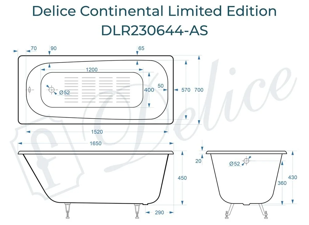 картинка Ванна чугунная Delice Continental Limited Edition 165х70 с антискользящим покрытием DLR230644-AS 
