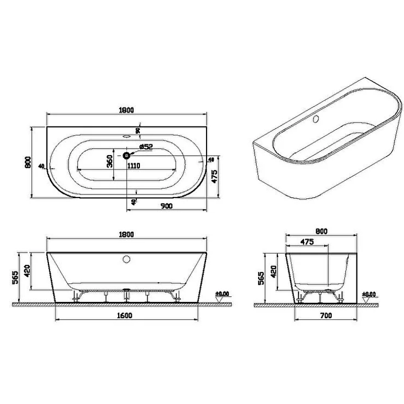 картинка Ванна VitrA Geo 180x80 отдельностоящая+ножки+скрытый сифон 