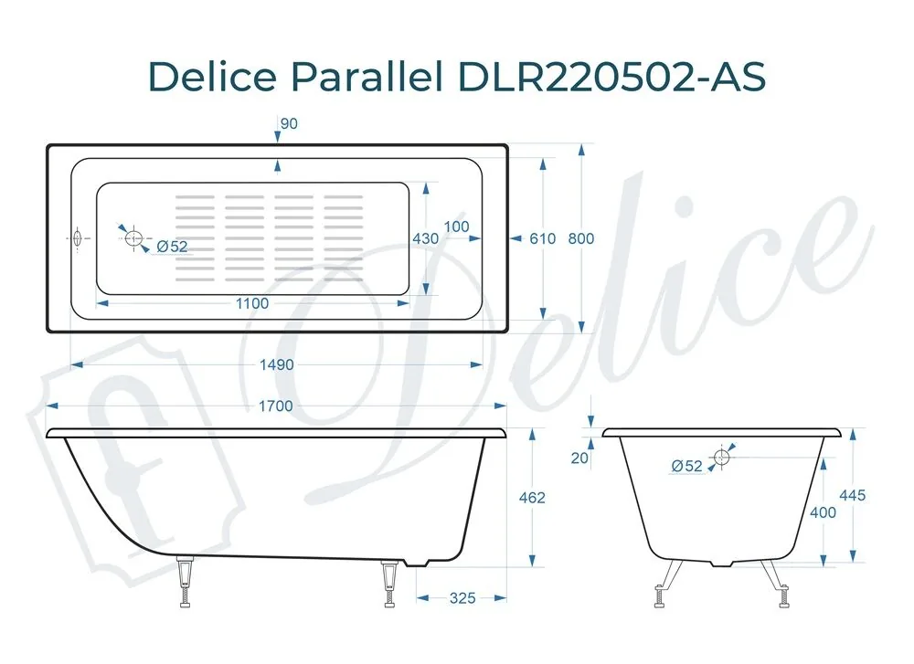 картинка Ванна чугунная Delice Parallel 170х80 с антискользящим покрытием DLR220502-AS 