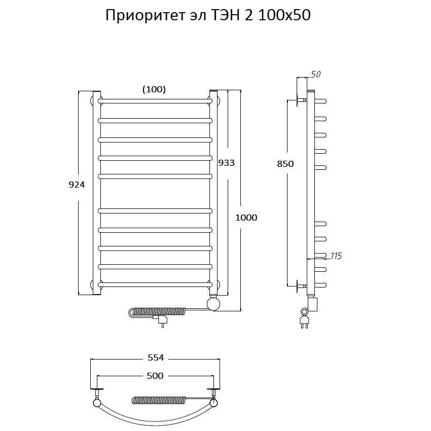 картинка Полотенцесушитель Тругор Приоритет эл ТЭН 2 100*50 (ЛЦ2) (Приоритет2/элТЭН10050) 