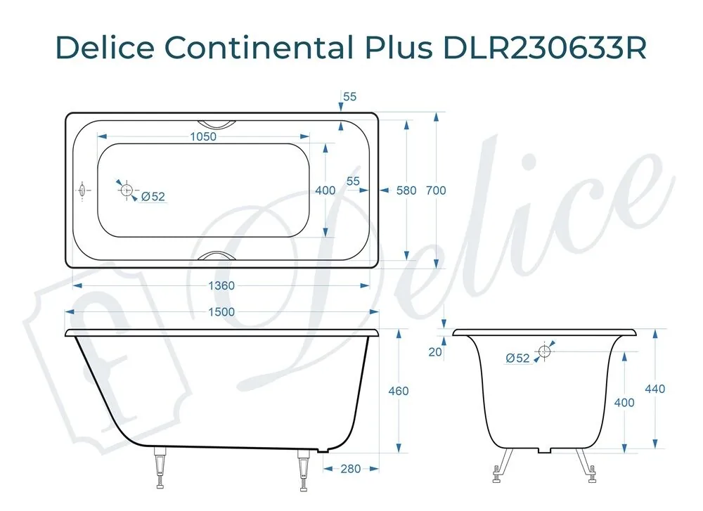 картинка Ванна чугунная Delice Continental PLUS 150х70 с отверстиями под ручки DLR230633R 