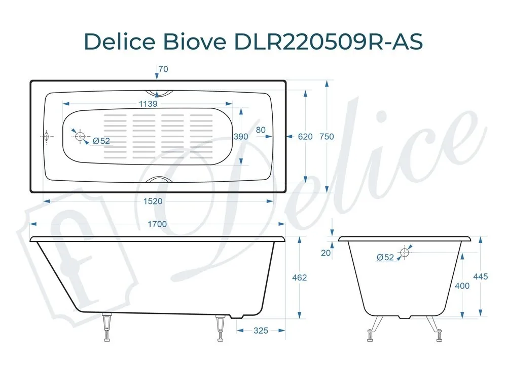 картинка Ванна чугунная Delice Biove 170х75 с ручками и антискользящим покрытием DLR220509R-AS 