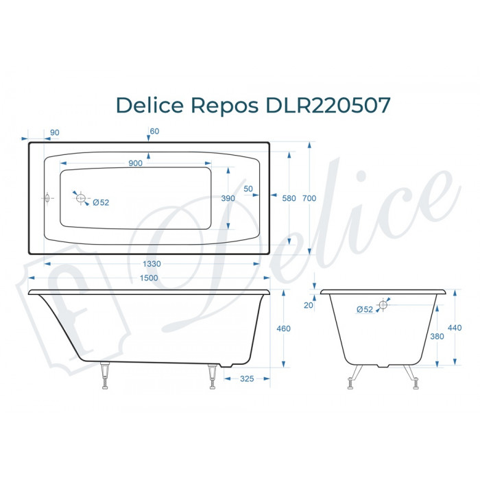 картинка Ванна чугунная Delice Repos 1500х700 без ручек 