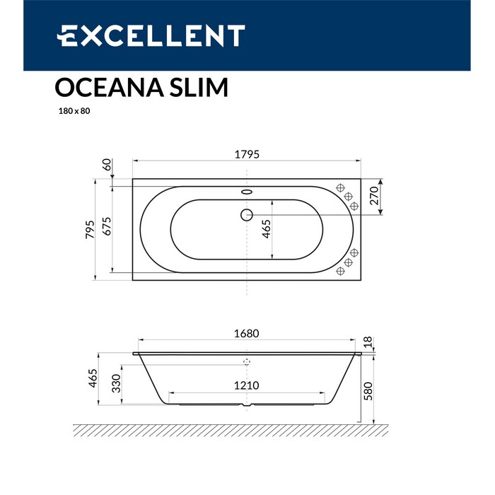 картинка Ванна EXCELLENT Oceana Slim 180x80 с ножками NWT-50 