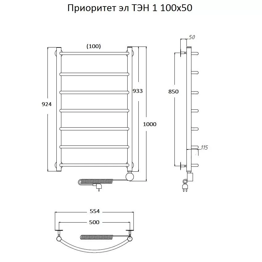 картинка Полотенцесушитель Тругор Приоритет эл ТЭН 1 100*50 (ЛЦ2) (Приоритет1/элТЭН10050) 