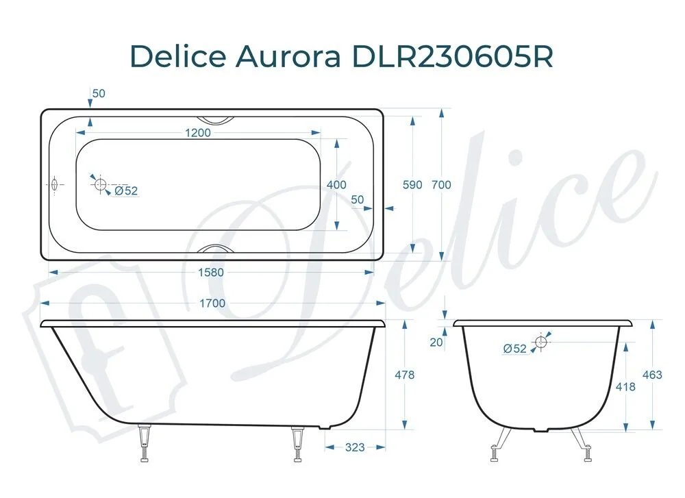 картинка Ванна чугунная Delice Aurora 170х70 с отверстиями под ручки DLR230605R 
