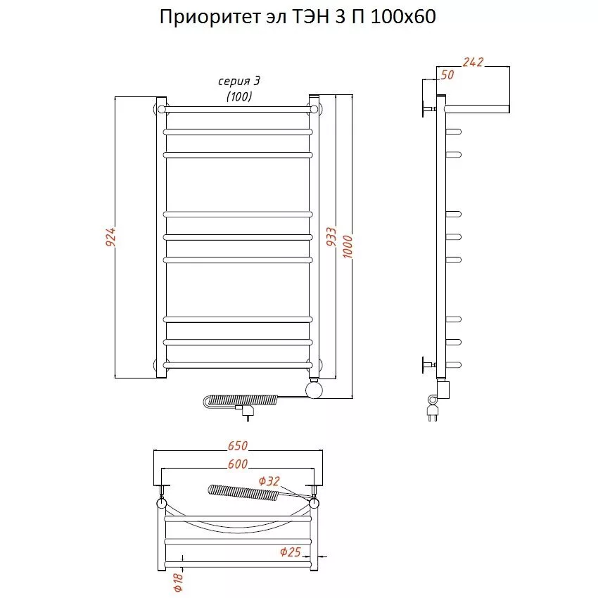 картинка Полотенцесушитель Тругор Приоритет эл ТЭН 3 П 100*60 (ЛЦ2) (Приоритет3/элТЭН10060 П) 