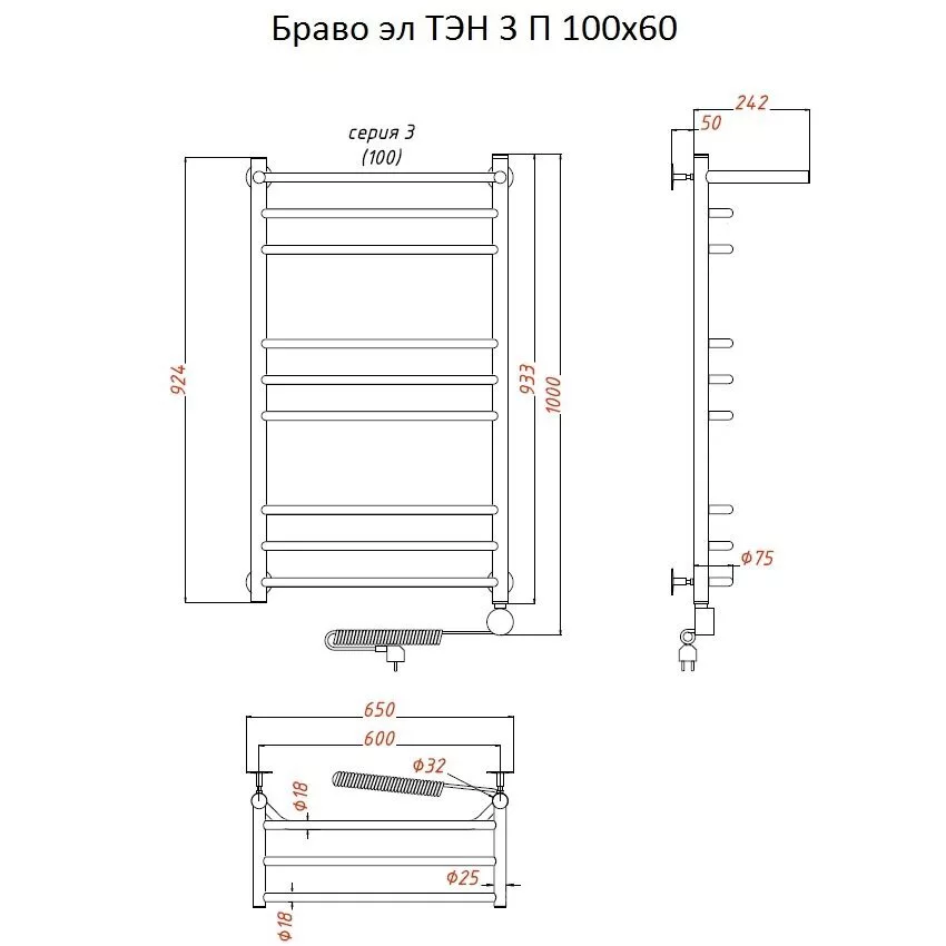 картинка Полотенцесушитель Тругор Браво эл ТЭН 3 П 100*60 (ЛЦ4) (Браво3/элТЭН10060 П) 