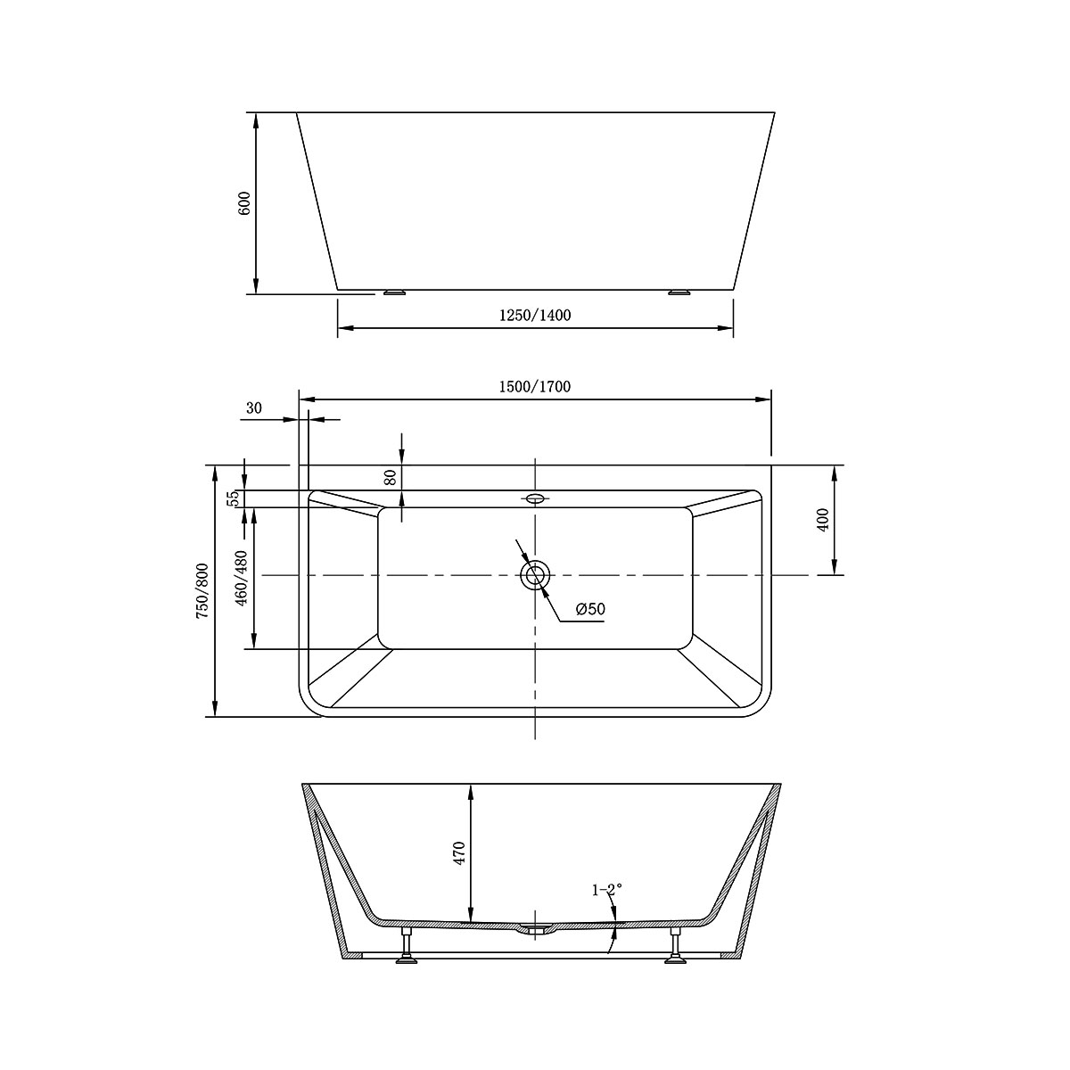 картинка Акриловая ванна Vincea VBT-425-1700 170х80х60, цвет белый, слив-перелив в комплекте, белый 
