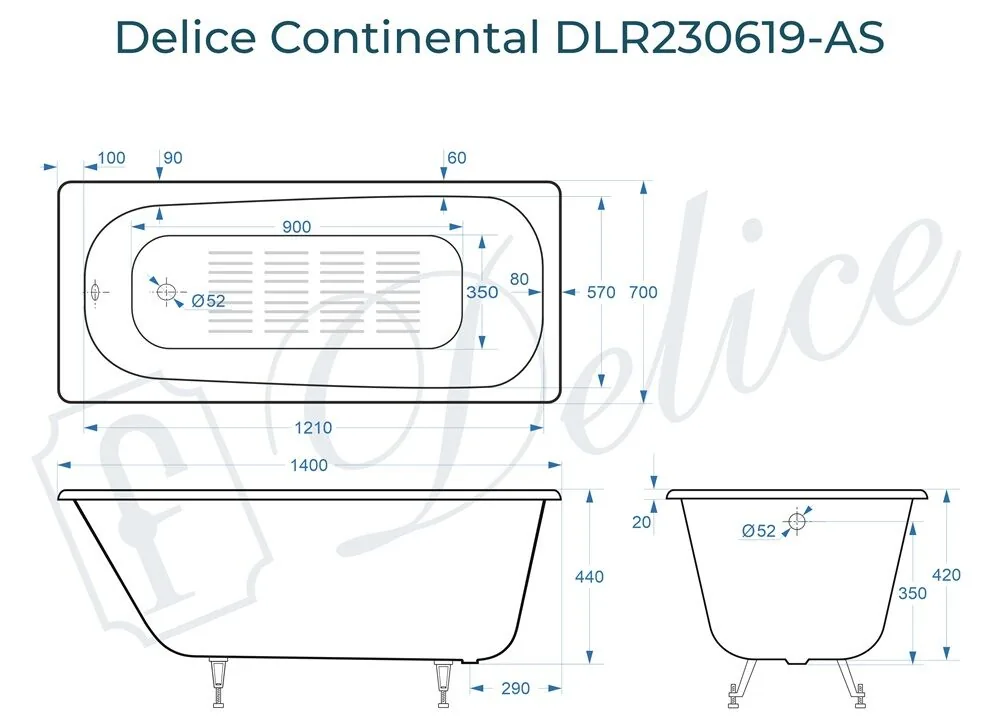 картинка Ванна чугунная Delice Continental 140х70 с антискользящим покрытием DLR230619-AS 