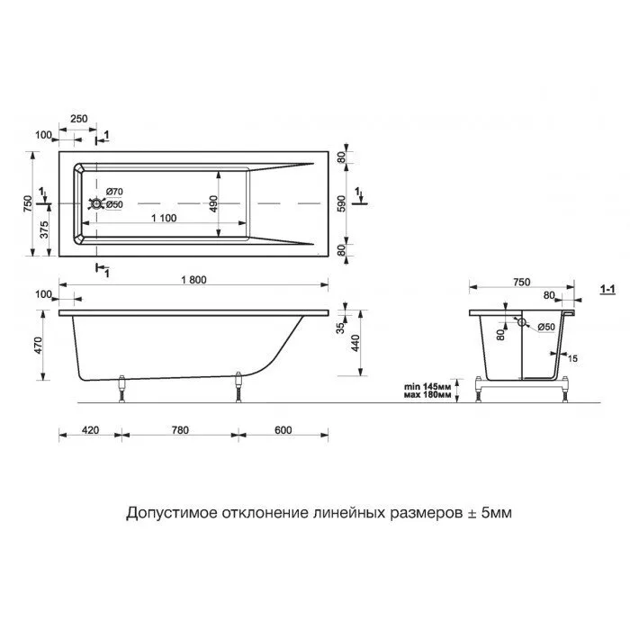 картинка Ванна из литьевого мрамора Delice Diapason 1800х750 с ножками 