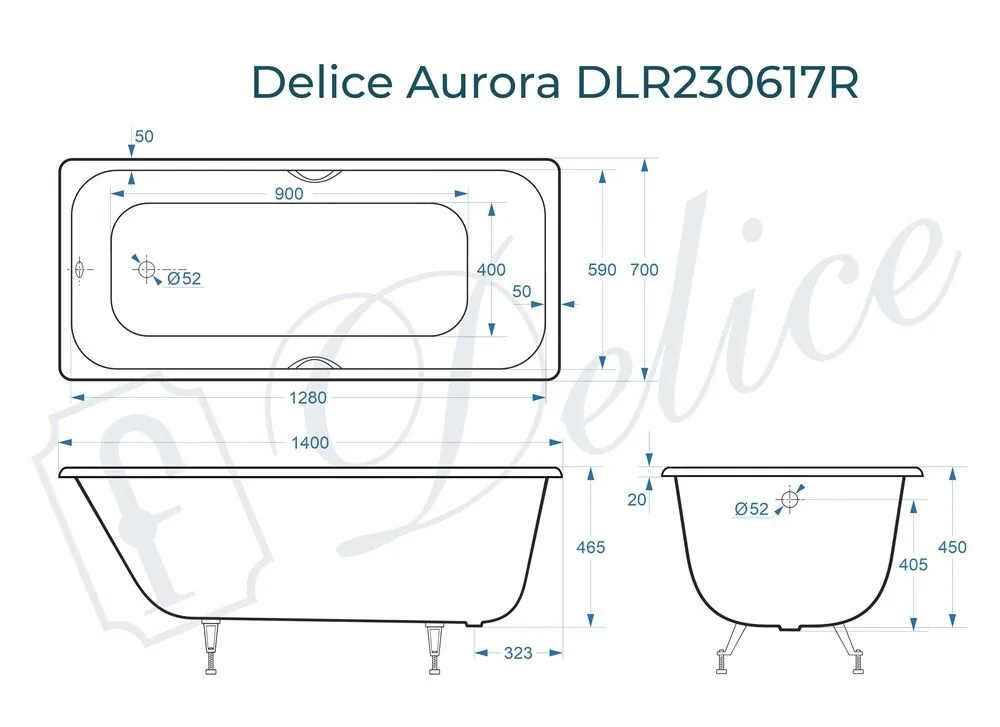 картинка Ванна чугунная Delice Aurora 140х70 с отверстиями под ручки DLR230617R 